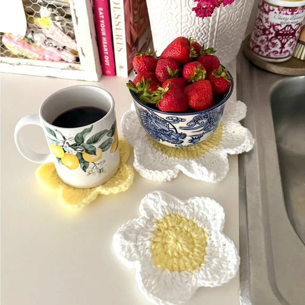 Handmade Crochet Flower Set – Pot Holder & Coasters (3 Pieces)